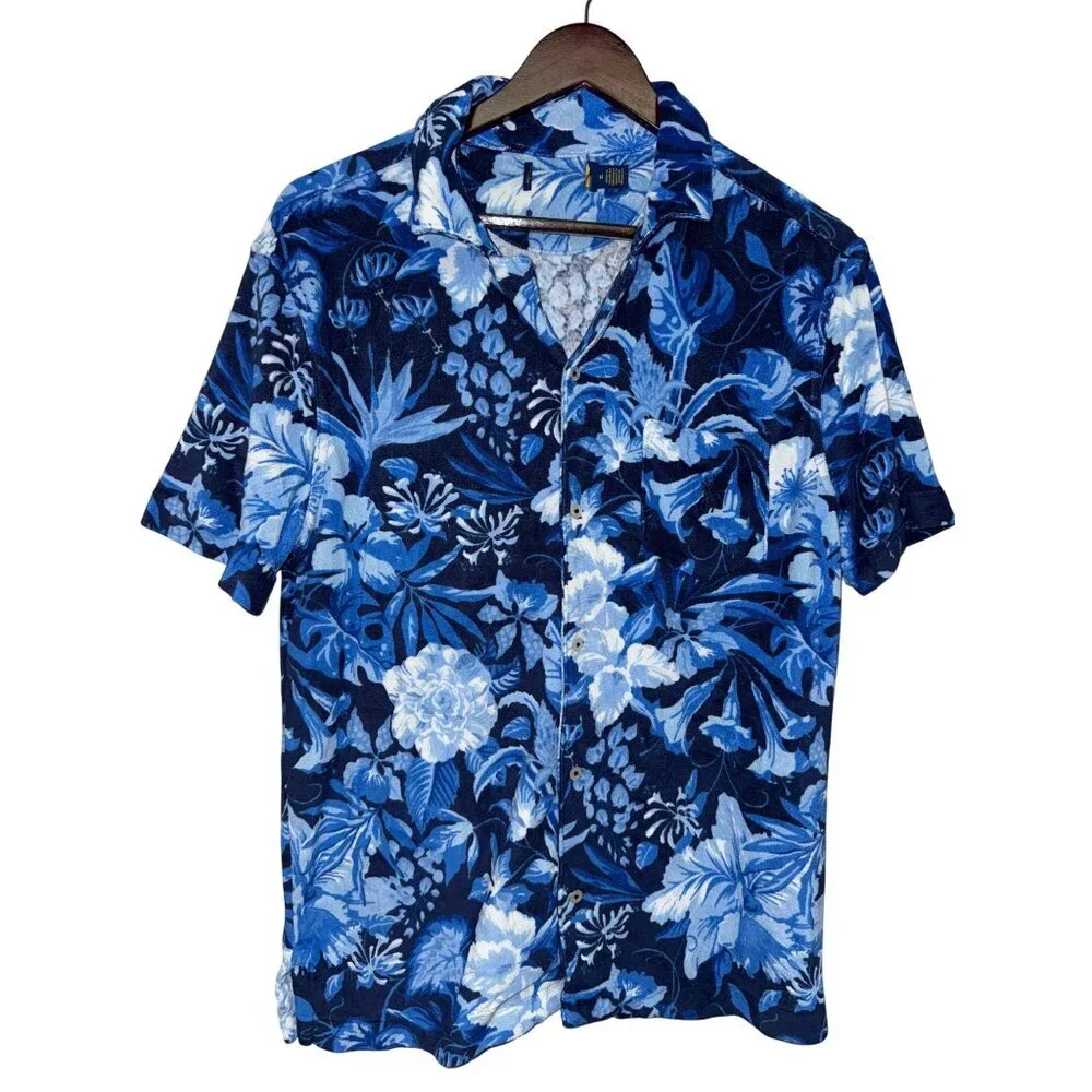 Polo Ralph Lauren Men's Camp Shirt Slim Fit Floral Blue Button Pocket Medium